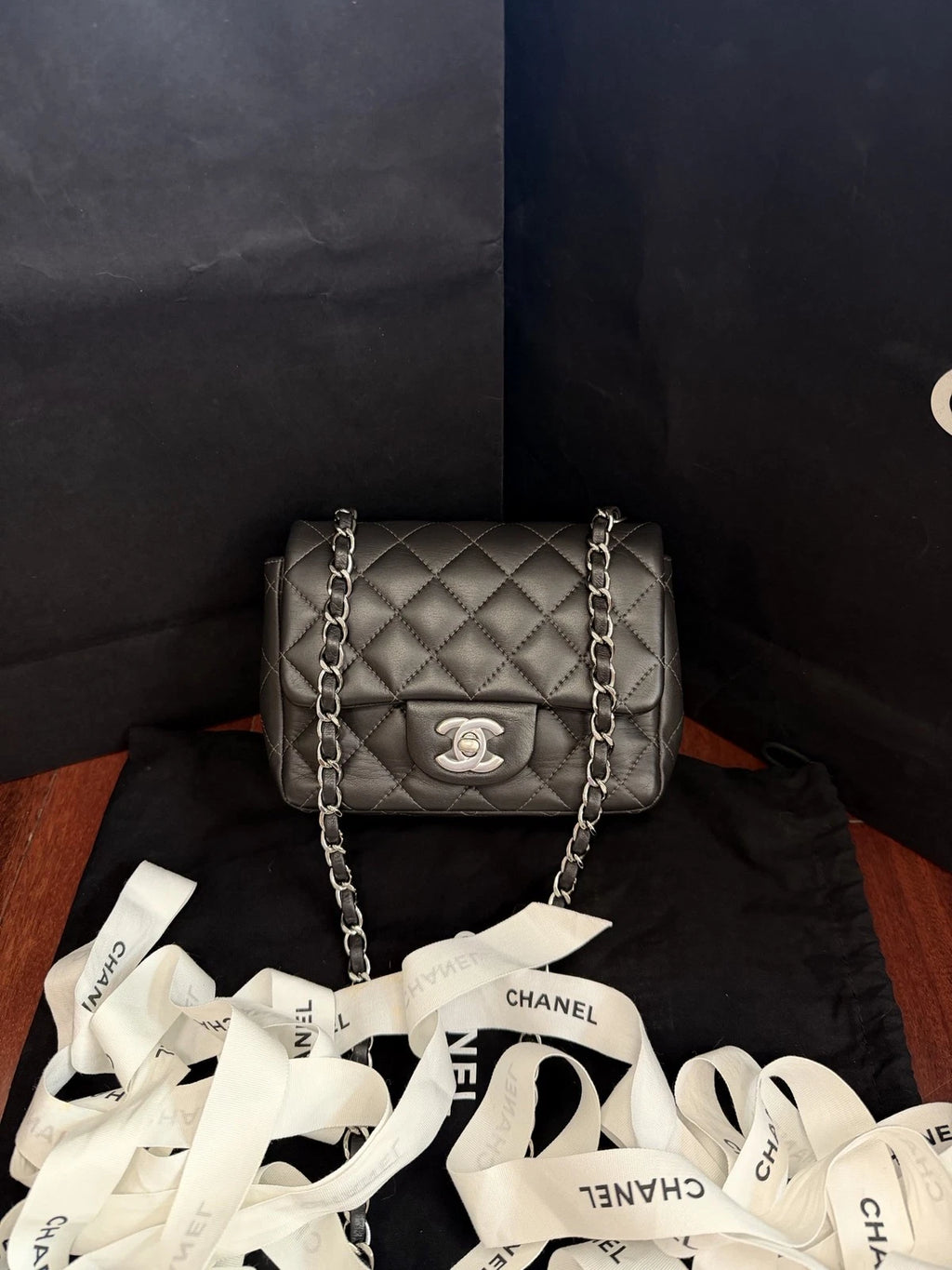 CHANEL Classic Flap Mini Square Crossbody Bag Women's Metallic Grey Quilted