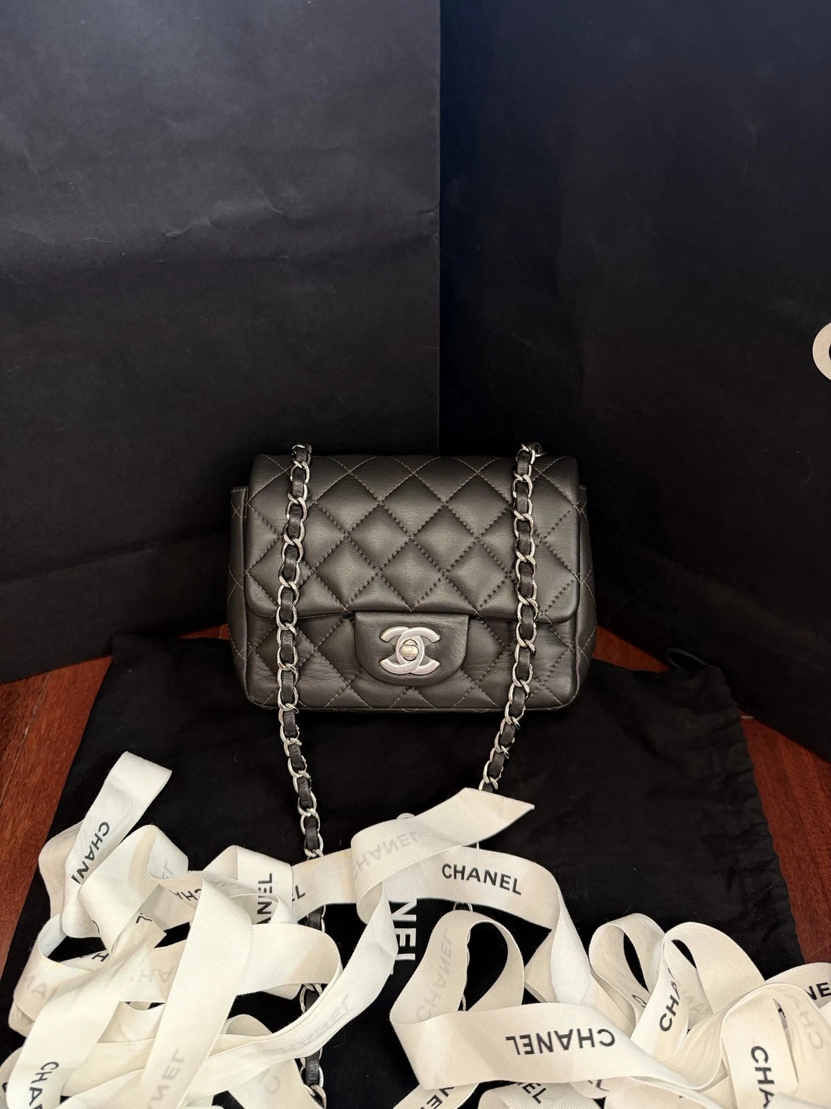 CHANEL Classic Flap Mini Square Crossbody Bag Women's Metallic Grey Quilted