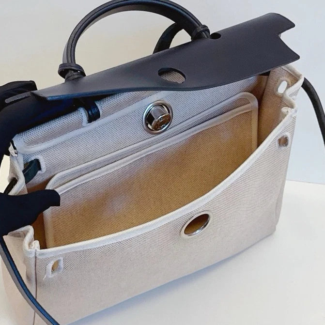 Hermes Herbag 31 Canvas Top Handle Shoulder Crossbody Bag White Black Women