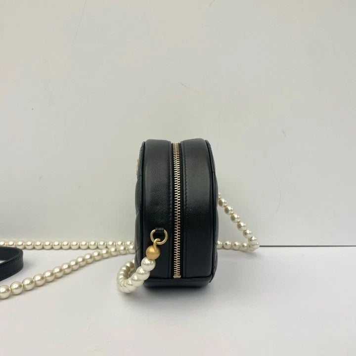 CHANEL Quilted Leather Round Pearl Chain Crossbody Bag For Women