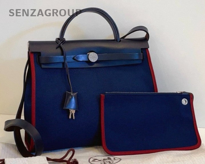 Hermes Herbag31 Top Handle Bag Crossbody Blue Silver Used Women Classic