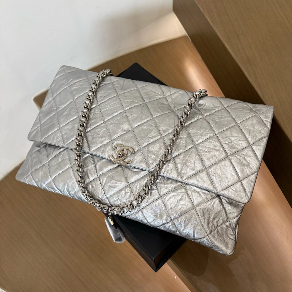 Chanel Airport Flap GM Shoulder Bag Silver Turn Lock Women Fashion