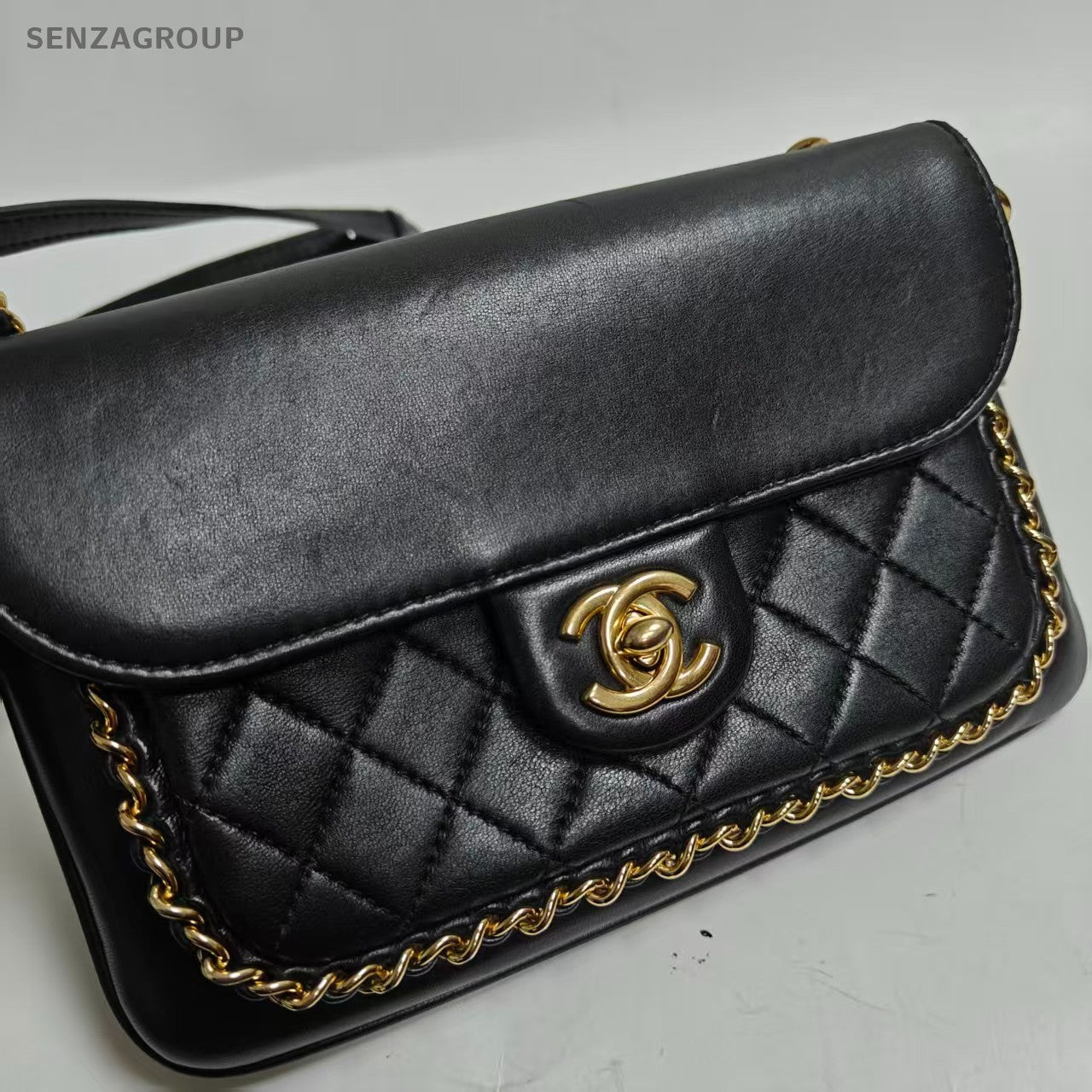 Chanel Timeless Chain Shoulder Bag Black Gold Diamond Women Classic Designer