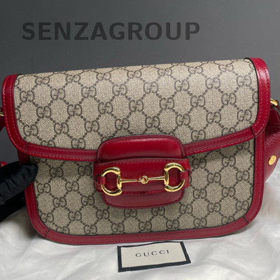Gucci 1955 Medium GG Horsebit Shoulder Bag Red Beige Classic Women