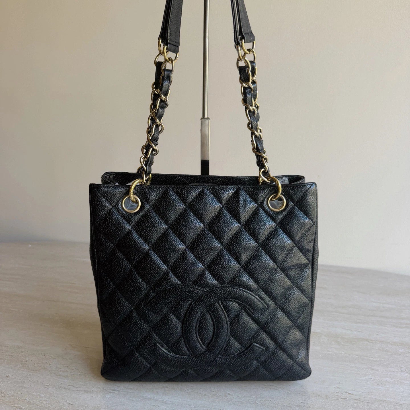 Chanel PST Calfskin Leather Black Tote Chain Shoulder Bag Diamond Gold Hardware