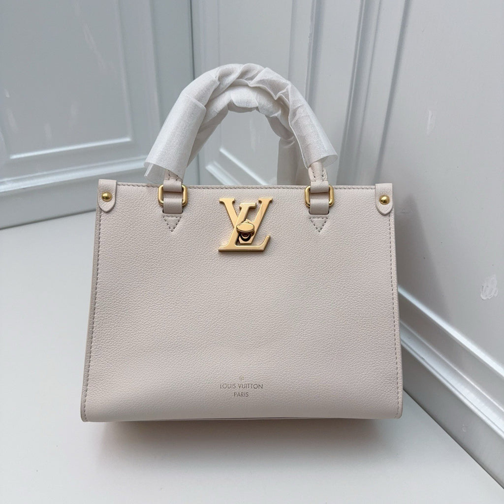 Louis Vuitton Lock Go Calfskin Tote Top Handle Bag Pink Gold Used Women Classic