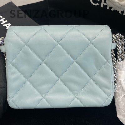 Chanel 22P Waterfall Chain Tofu Bag Blue Silver Hardware Shoulder Crossbody