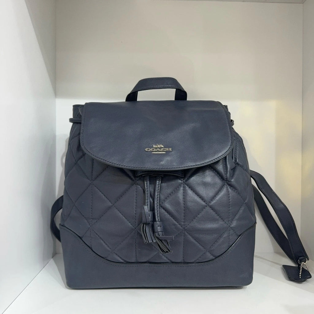 COACH Elle 25 Diamond Quilted Fabric Leather Flap Backpack Women Navy