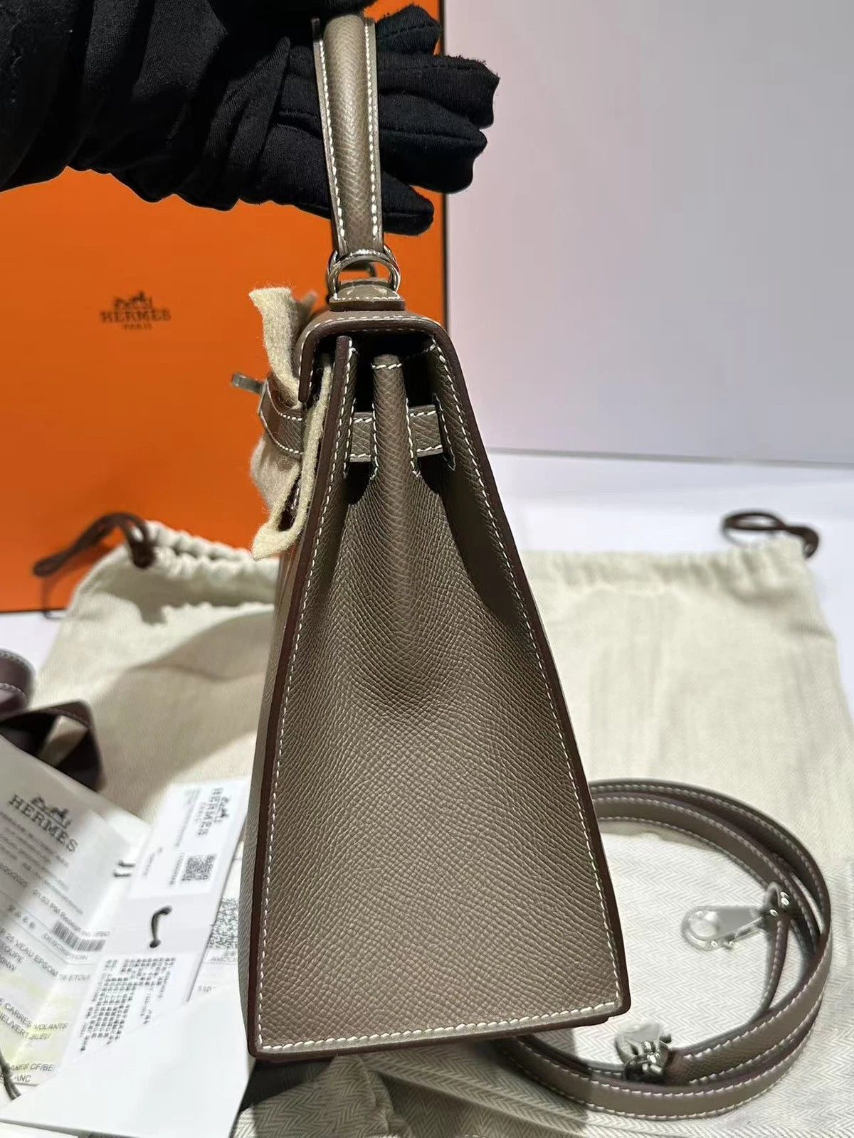 Hermes Kelly25 Epsom Leather Top Handle Bag For Women Grey Silver
