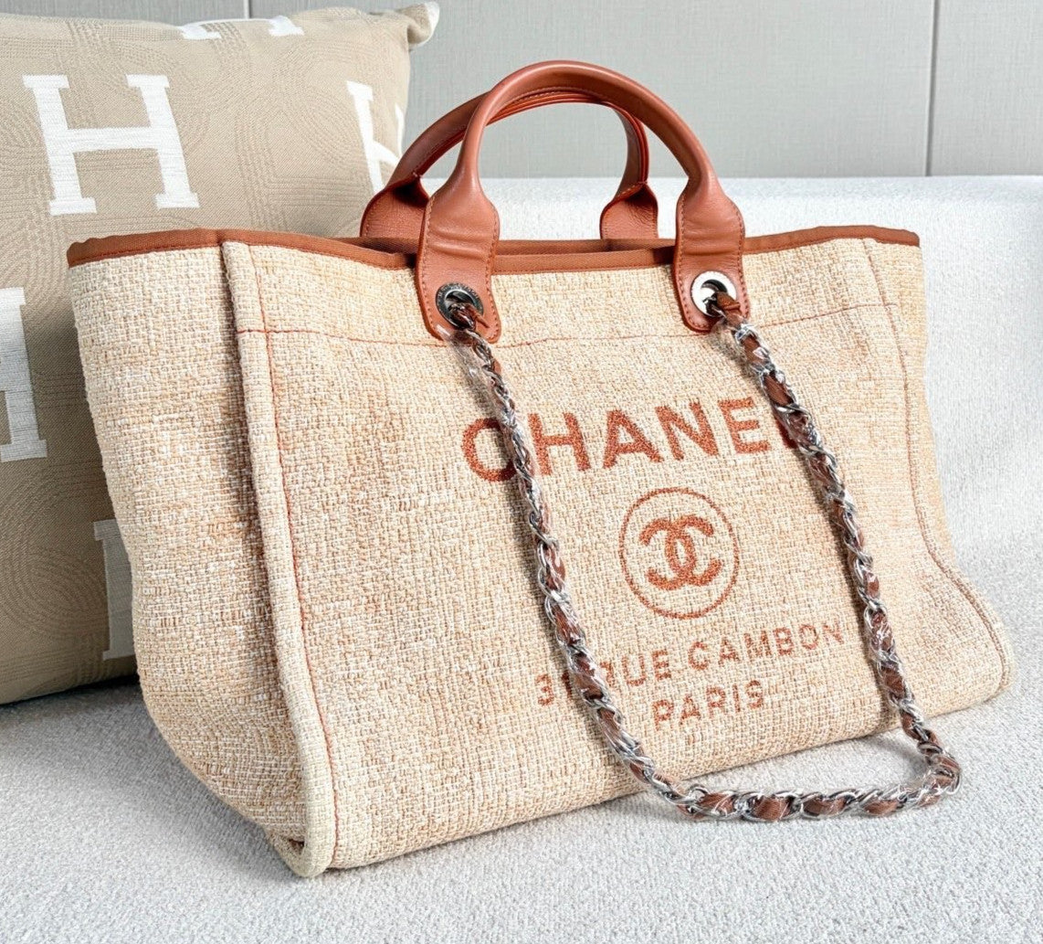 Chanel Canvas Beach Bag Top Handle Chain Shoulder Bag Orange Silver Women