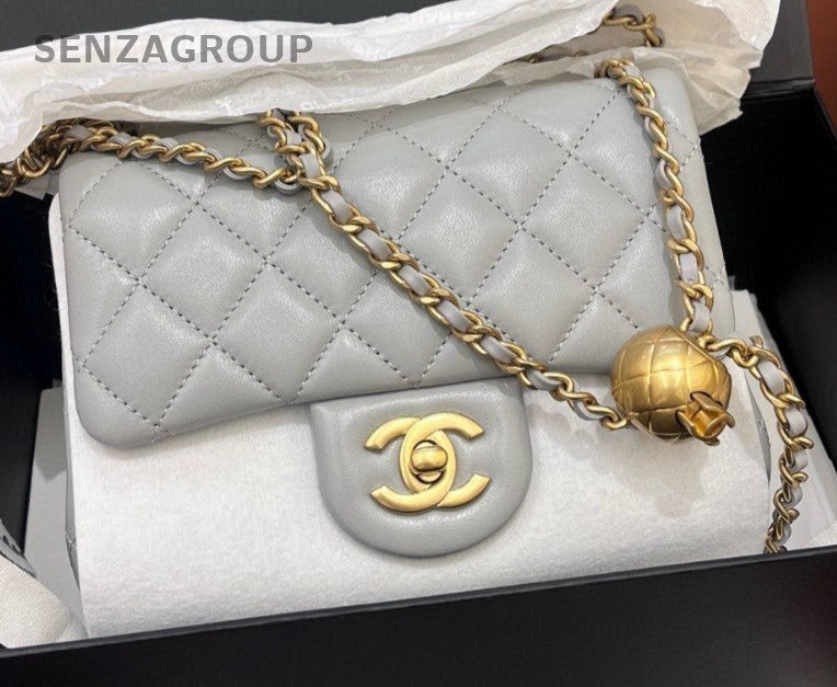 Chanel 24K Chain Shoulder Bag Crossbody Gray Gold Women Diamond