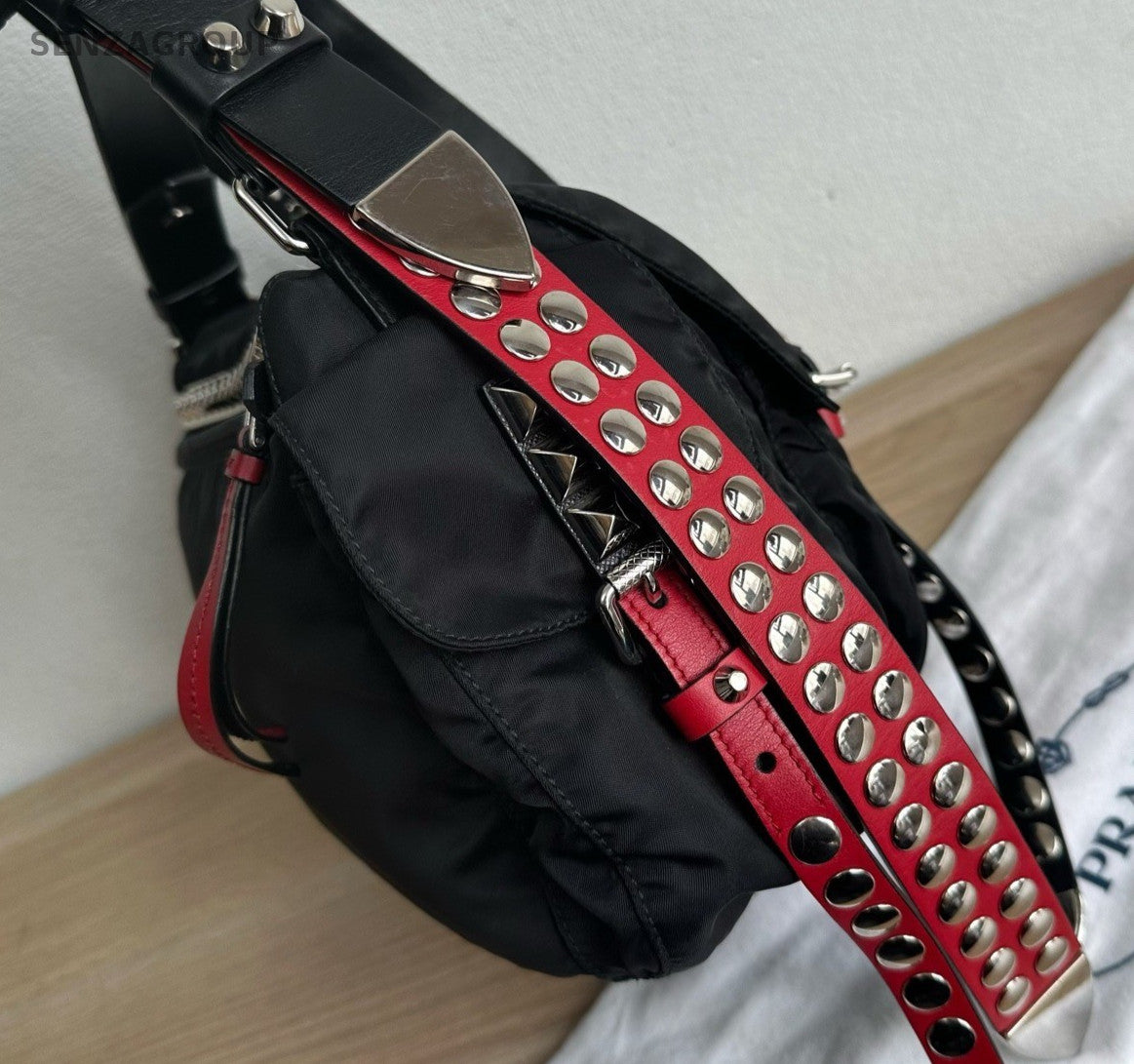 Prada New Vela Nylon Shoulder Bag Crossbody Black Silver Women Classic