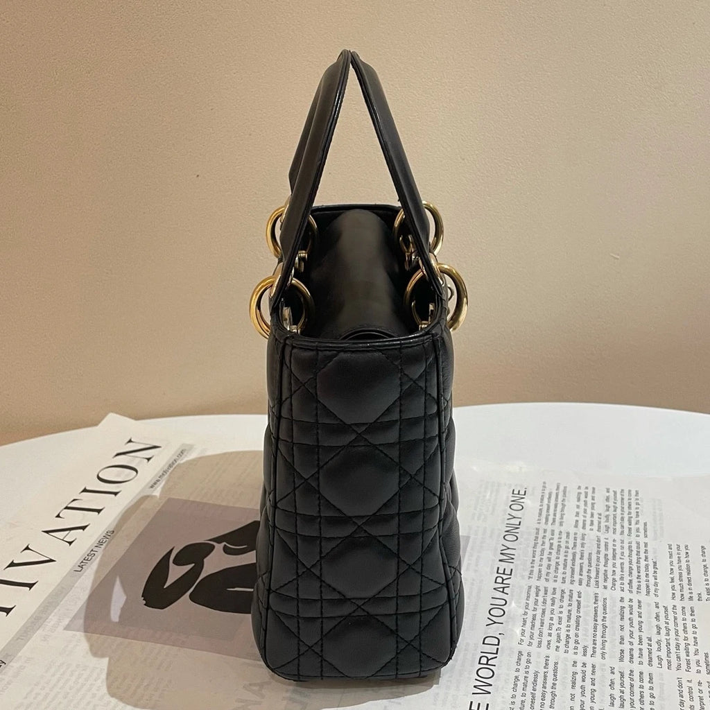 Dior Lady Dior Lambskin Black Gold Shoulder Bag Handbag Excellent