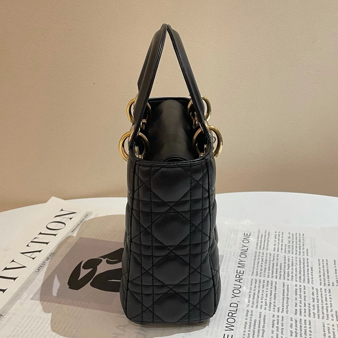 Dior Lady Dior Lambskin Black Gold Shoulder Bag Handbag Excellent