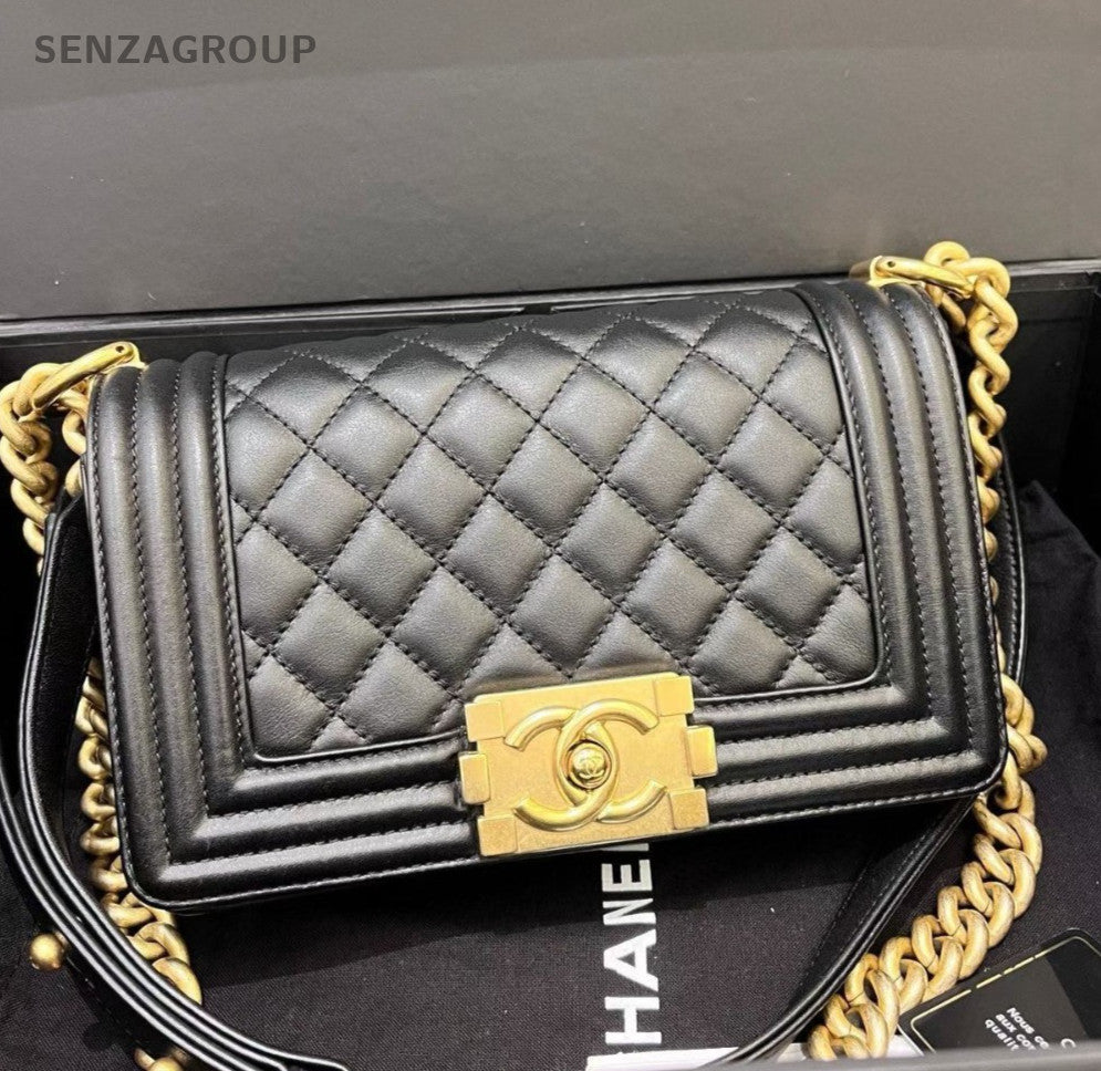 Chanel Leboy PM Calfskin Chain Shoulder Bag Crossbody Black Gold Women Classic