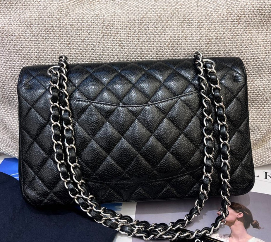 Chanel Classic Flap MM Calfskin Chain Shoulder Bag Crossbody Black Silver Women