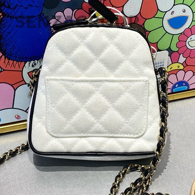 Chanel Mini White Gold Canvas & Calfskin Chain Shoulder Crossbody Clutch Bag