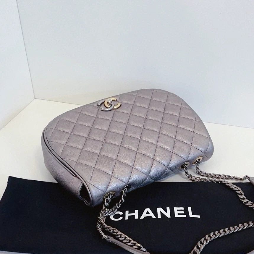 Chanel Diamond Saddle Chain Shoulder Crossbody Silver Women Classic