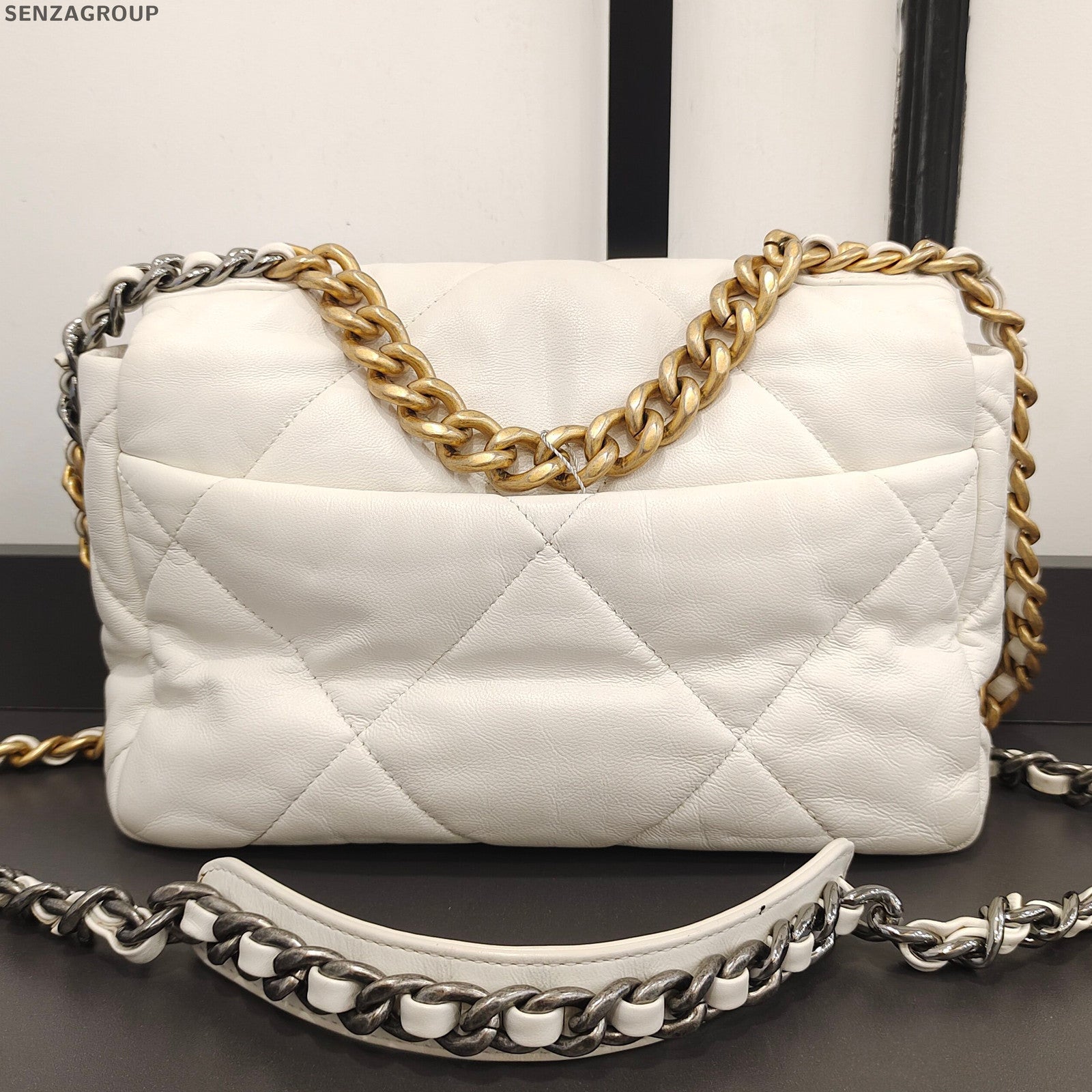 Chanel 19 Bag Quilted Lambskin Chain Shoulder Bag White Gold Women