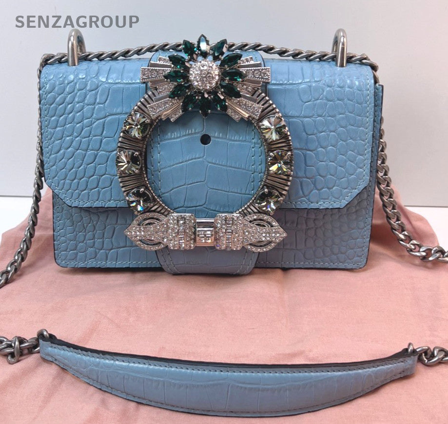 Miumiu miulady Clafskin Water Blue crystal Chain Strap Shoulder bag Brand NEW