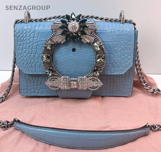 Miumiu miulady Clafskin Water Blue crystal Chain Strap Shoulder bag Brand NEW