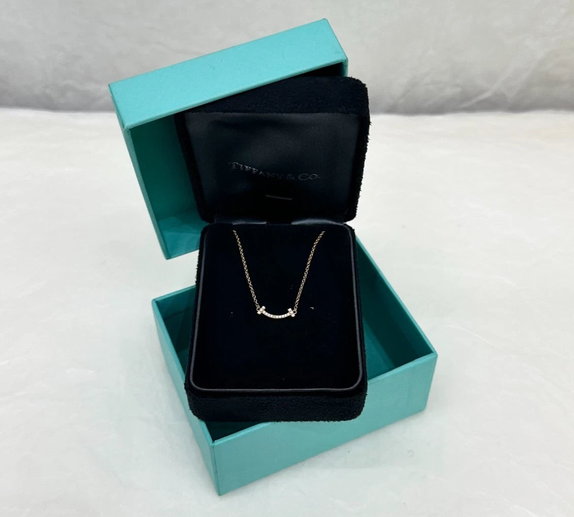 Tiffany &amp; Co. T Smile Pendant Necklace 18K Yellow Gold with Diamonds Mini