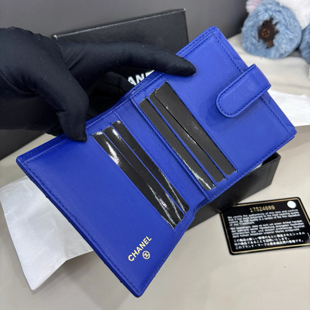 Chanel Lambskin Diamond Wallet Blue Silver Women Classic