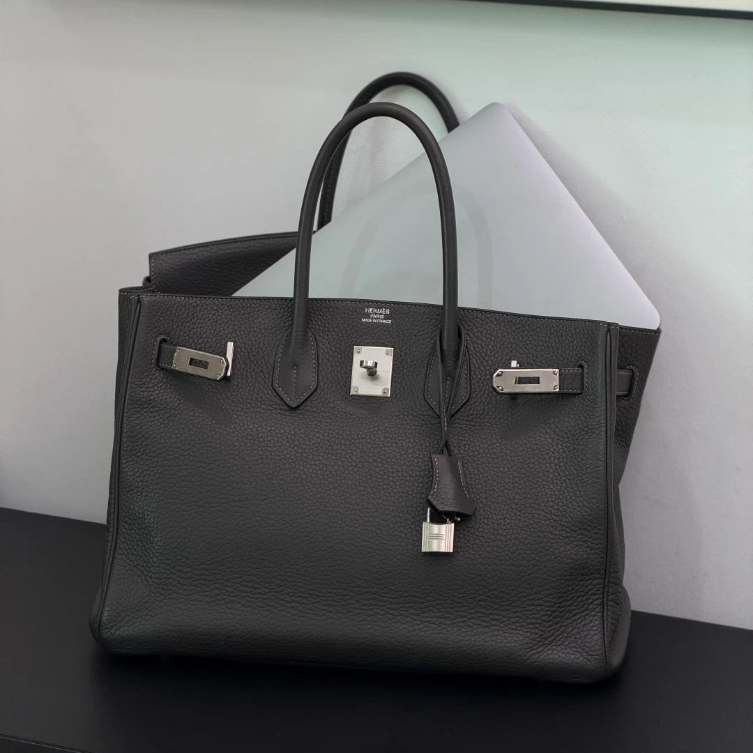 Authentic Hermes Birkin 35 Tote Top Handle Bag Grey Silver Hardware