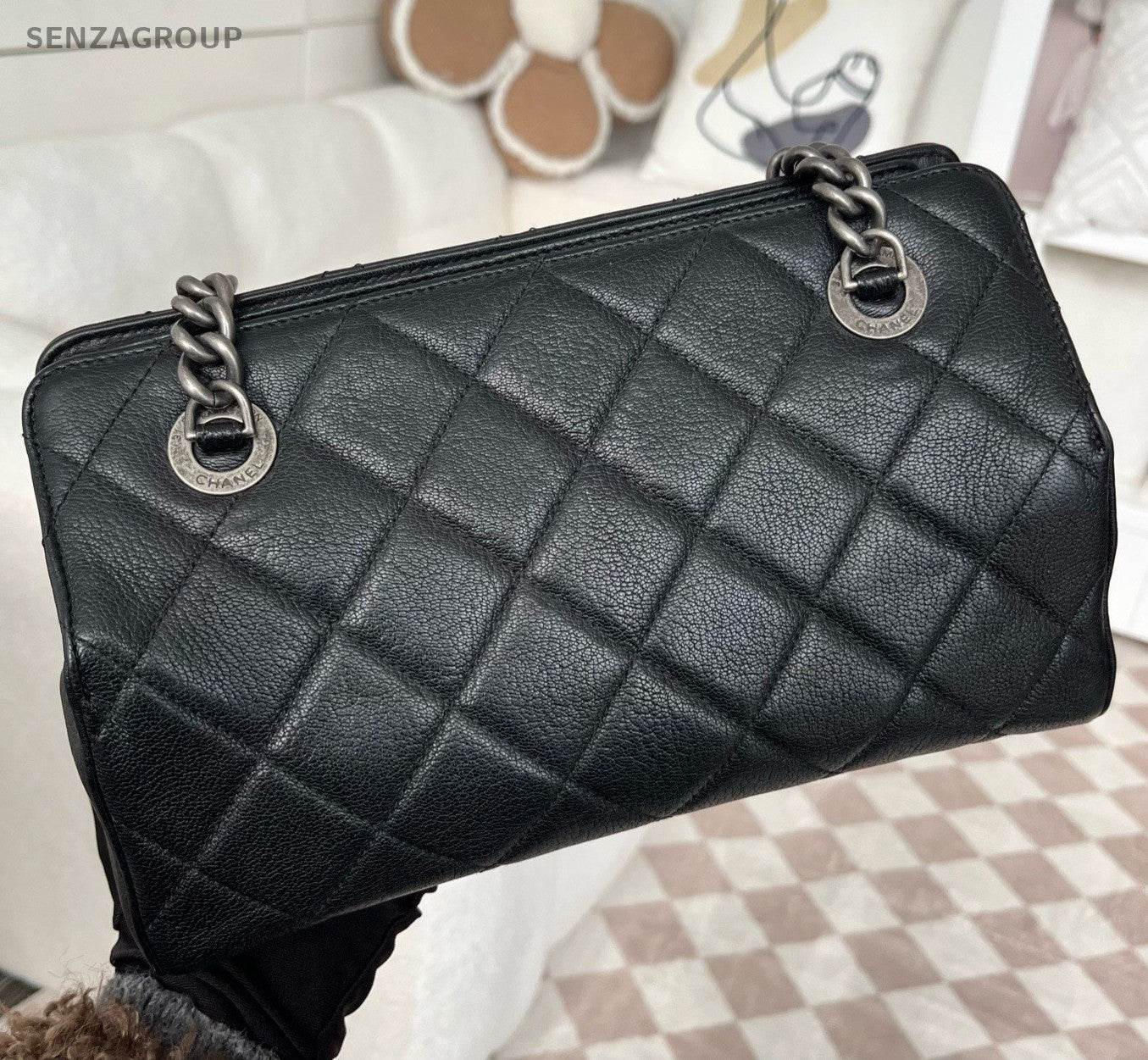 Chanel Mademoiselle De Madras Lambskin PM Chain Shoulder Bag Black Silver Women