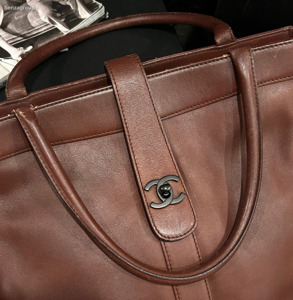 Chanel Tote Vintage Top Handle Bag Brown Black Used Women Classic