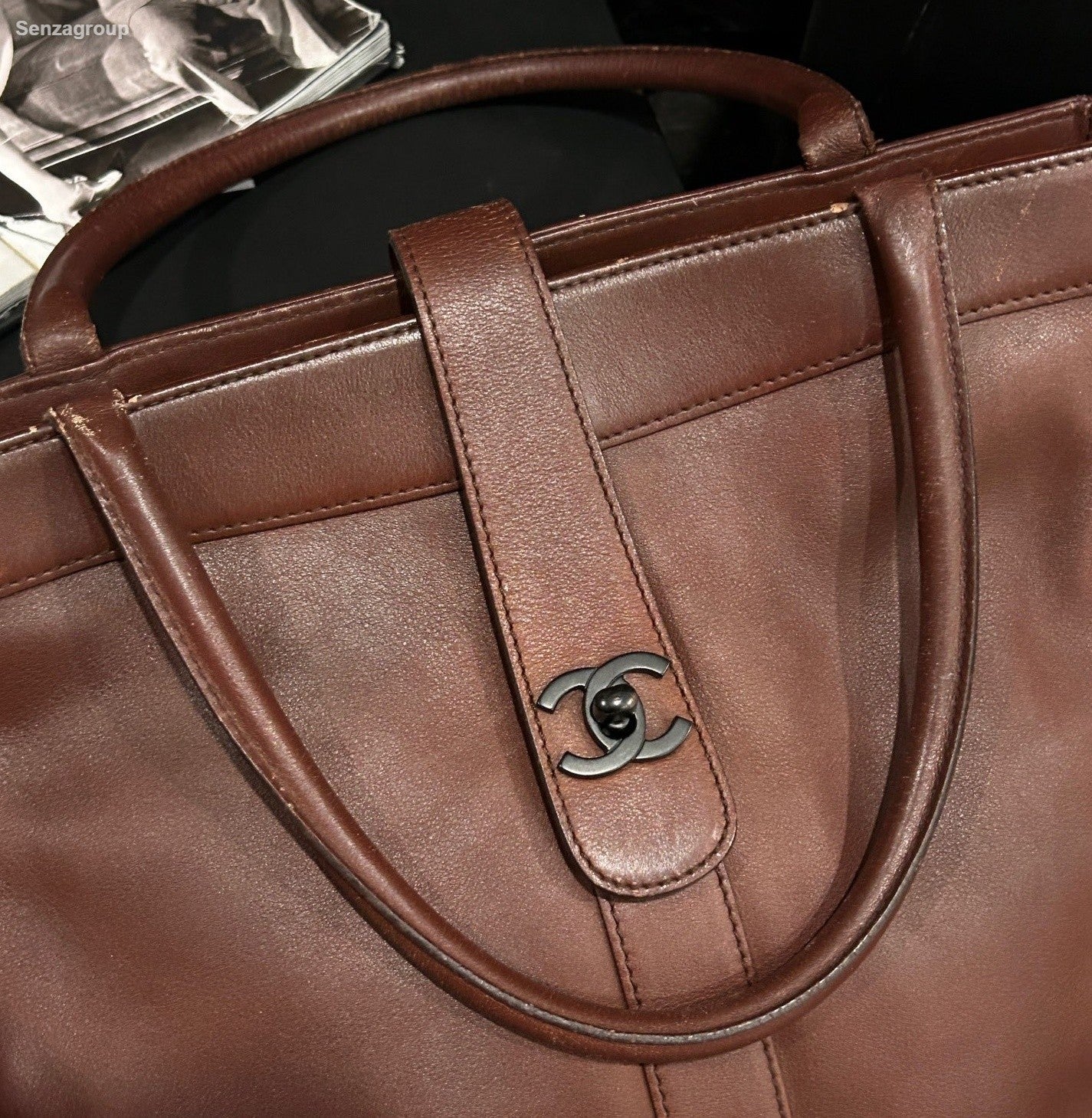 Chanel Tote Vintage Top Handle Bag Brown Black Used Women Classic