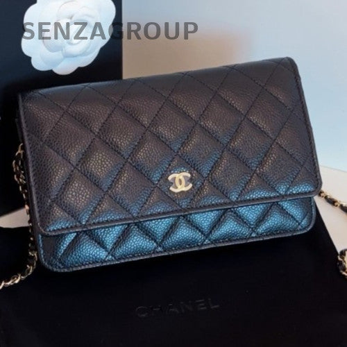 Chanel WOC Chain Diamond Crossbody Shoulder Bag Black Gold Used Women Fashion