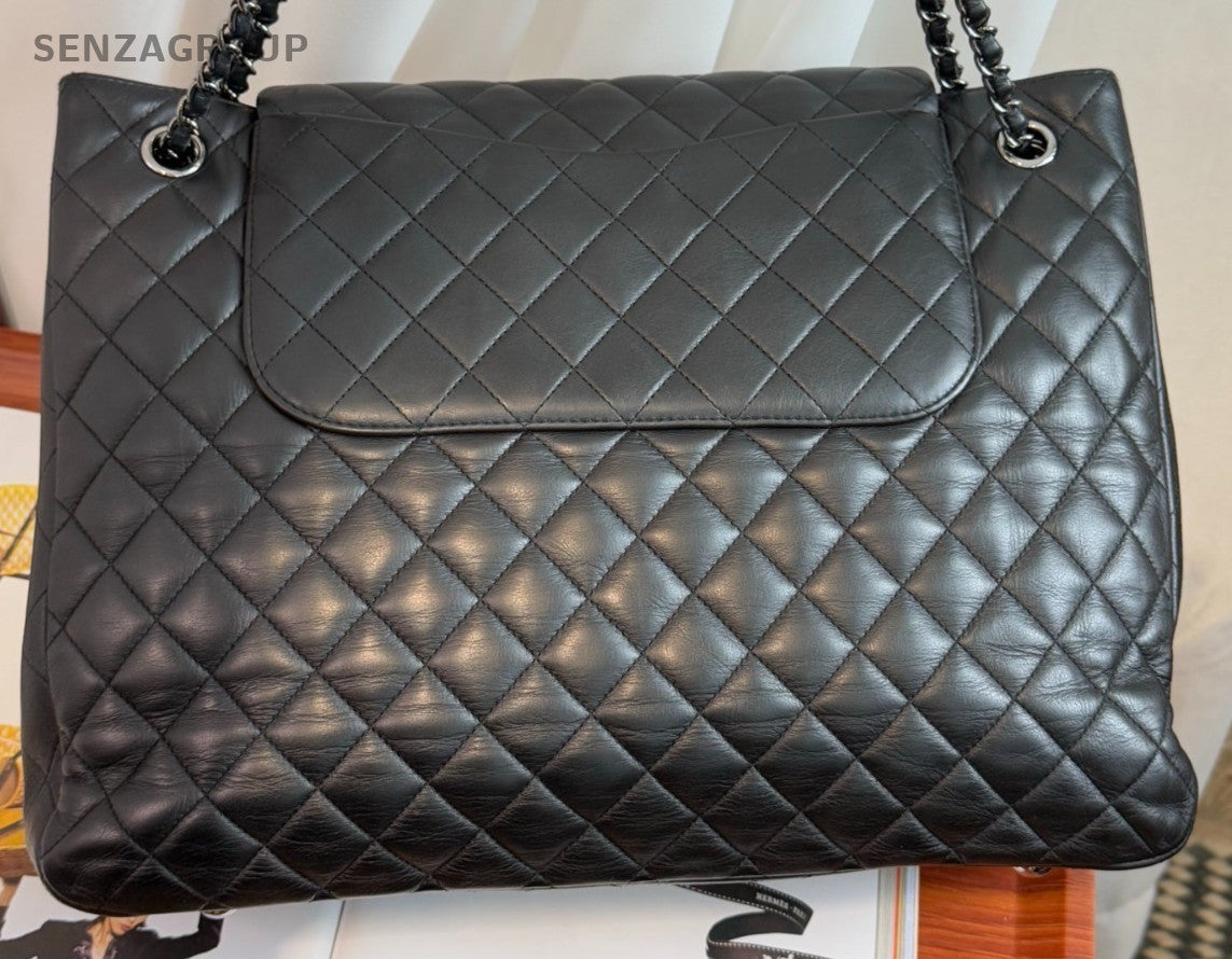 Chanel Tote Calfskin Chain Shoulder Bag Black Silver Diamond Pattern Used Women