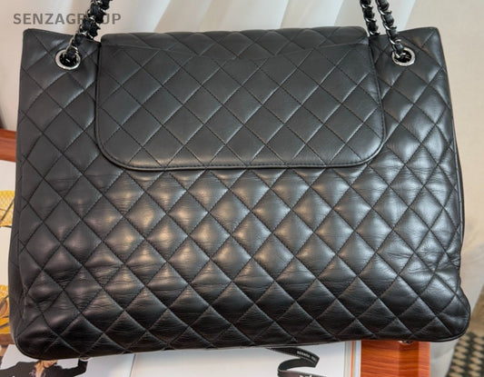 Chanel Tote Calfskin Chain Shoulder Bag Black Silver Diamond Pattern Used Women