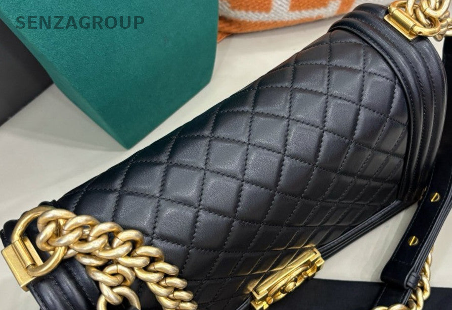 Chanel Leboy MM Calfskin Chain Shoulder Bag Black Gold Diamond Women Classic
