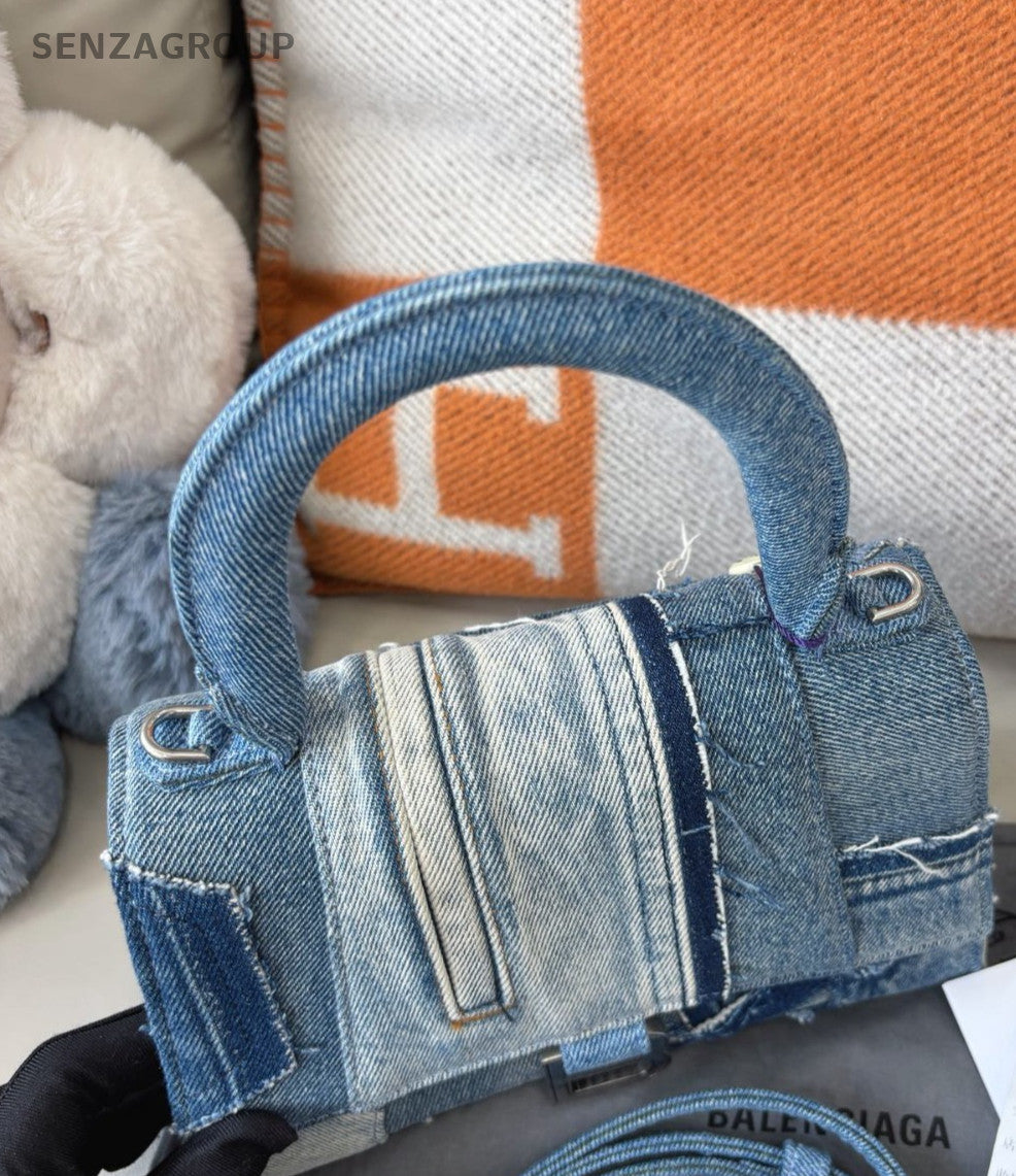 Balenciaga Hourglass Denim Top Handle 2WAY Shoulder Handbag Women Blue