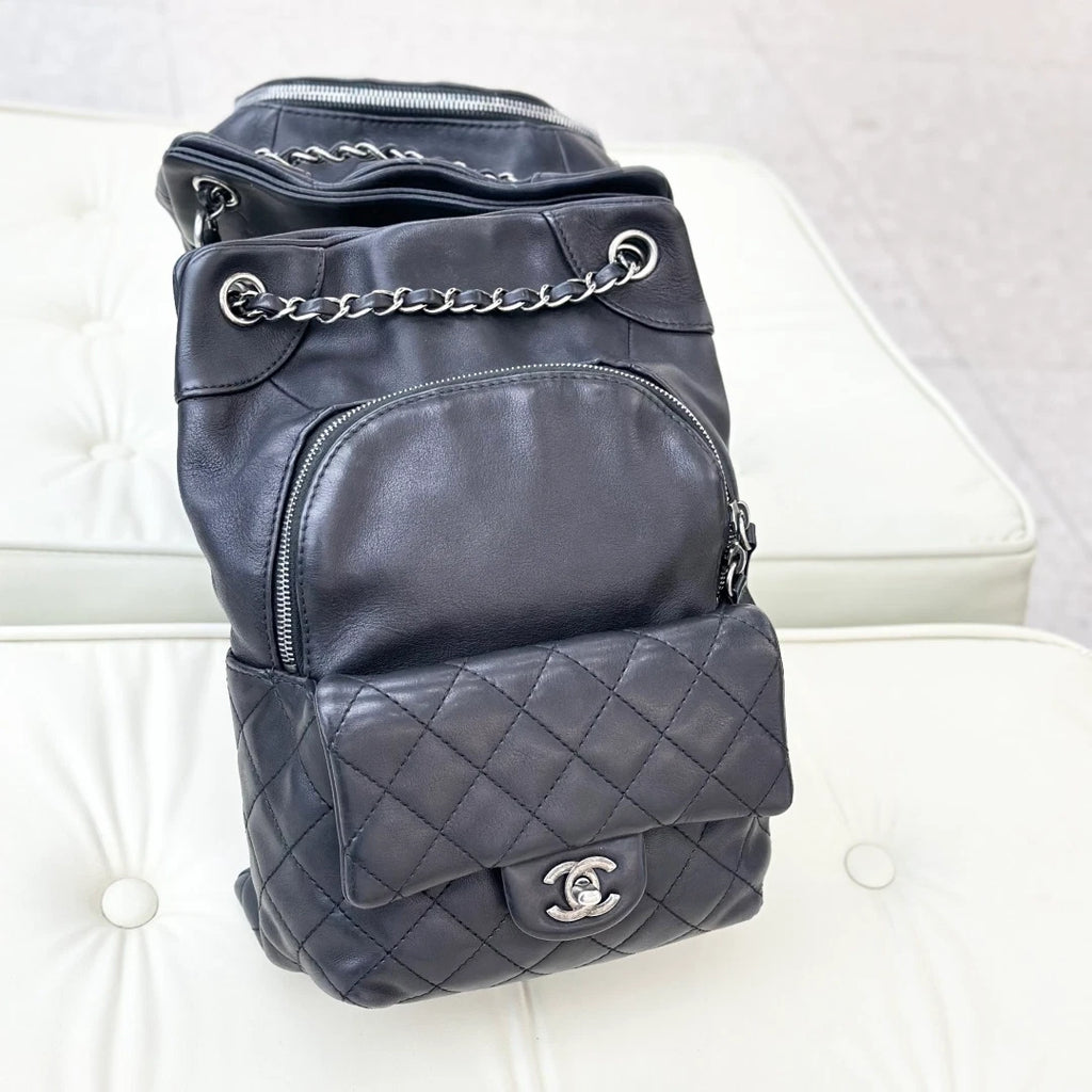 Chanel Diamond Calfskin Chain Backpack Black Silver Women Classic