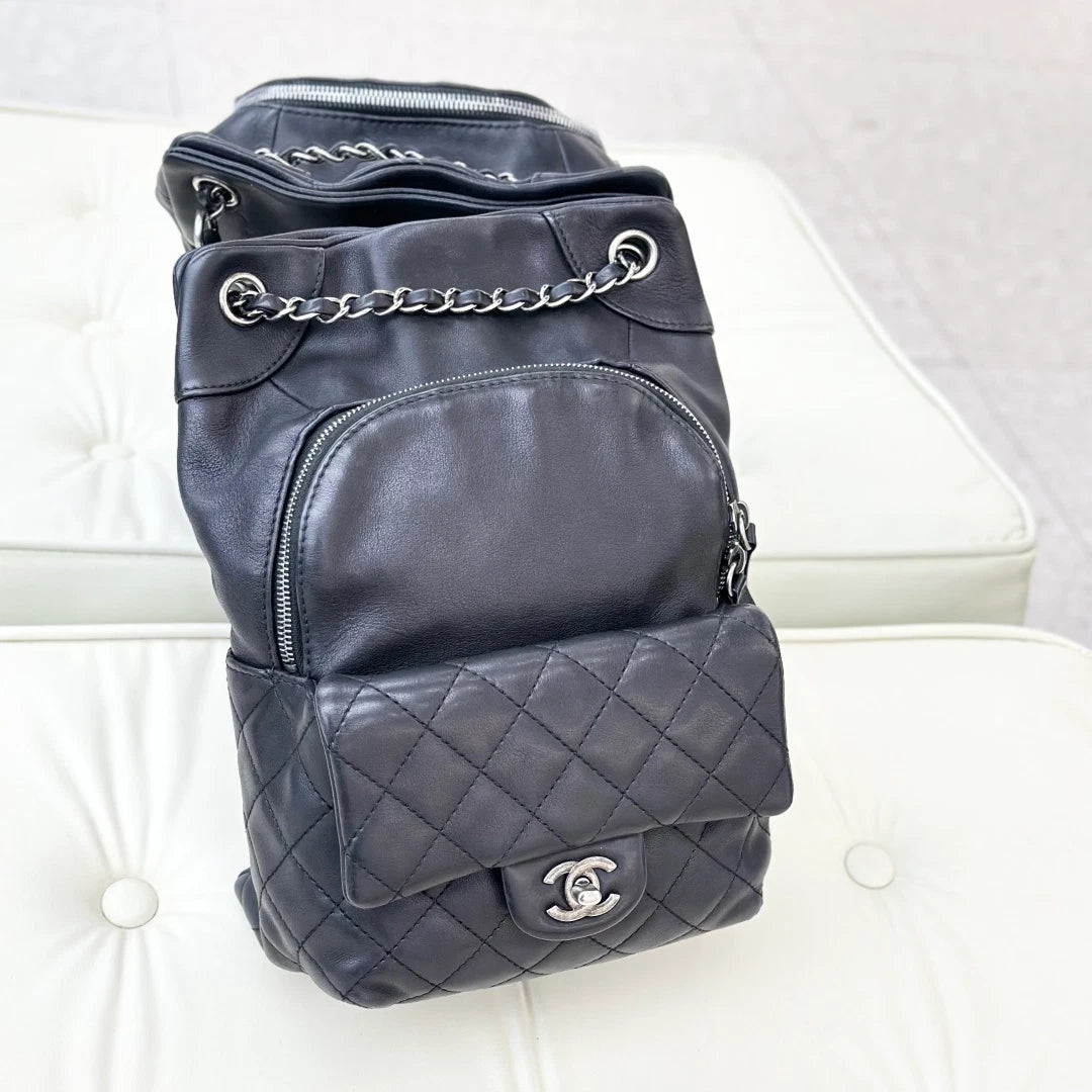 Chanel Diamond Calfskin Chain Backpack Black Silver Women Classic