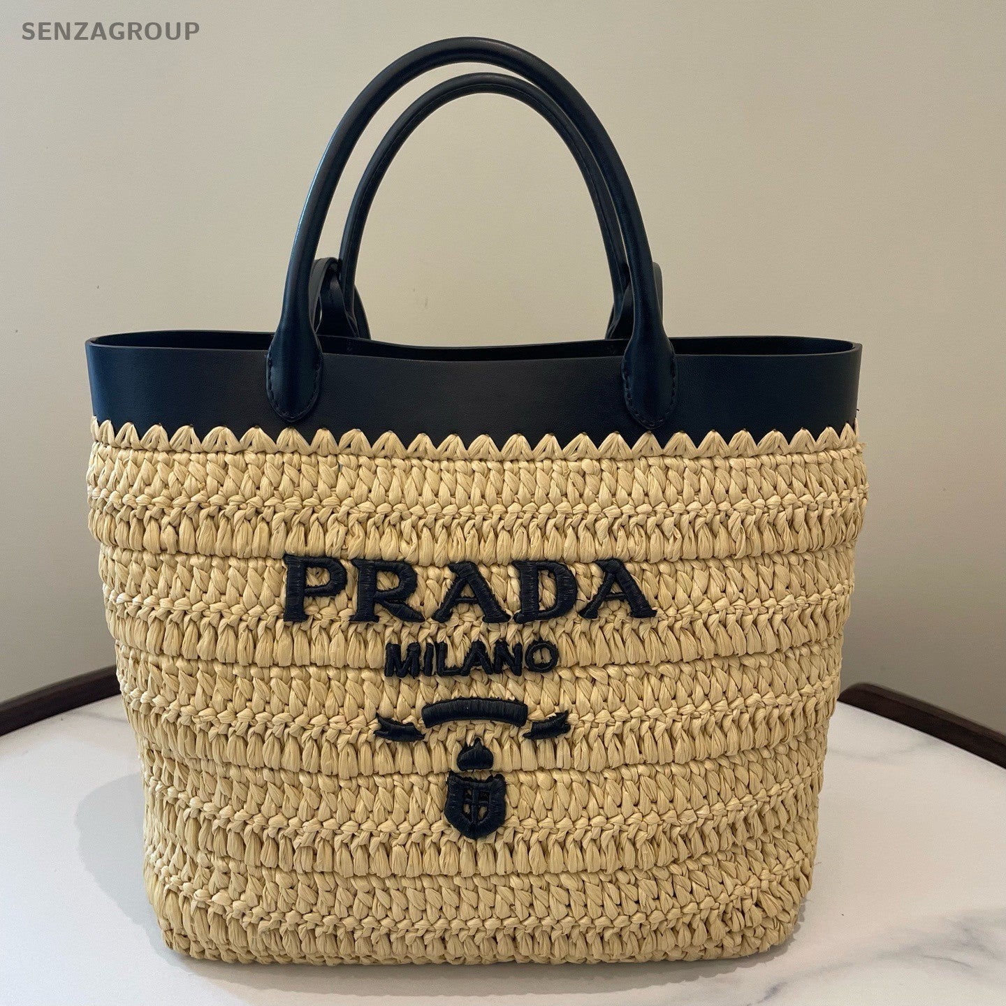 Prada Raffia Tote Top Handle Bag Beige Black Used Women Classic Fashion