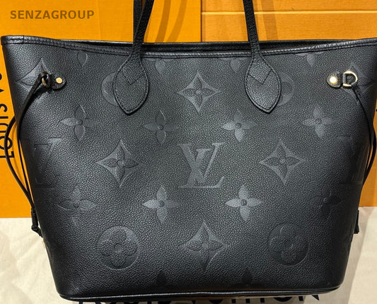 Louis Vuitton Neverfull MM Monogram Tote Bag Black Gold Women Classic