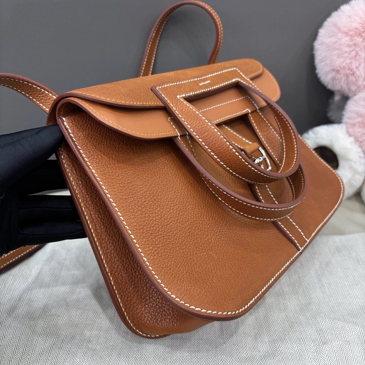 Hermes Halzan25 Top Handle Bag Crossbody Brown Silver Women Classic