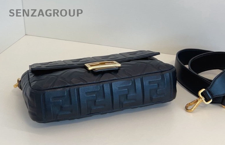 FENDI Baguette MM Monogram 2WAY Shoulder Handbag Black Gold Women