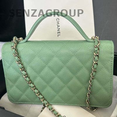 Chanel Quilted Calfskin Chain Shoulder Crossbody Bag Green Gold Hardware