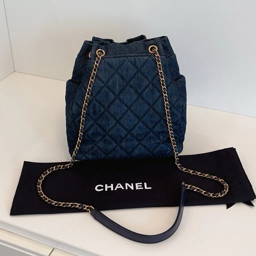 Chanel Denim Bucket Chain Shoulder Crossbody Blue Gold Diamond Women Classic