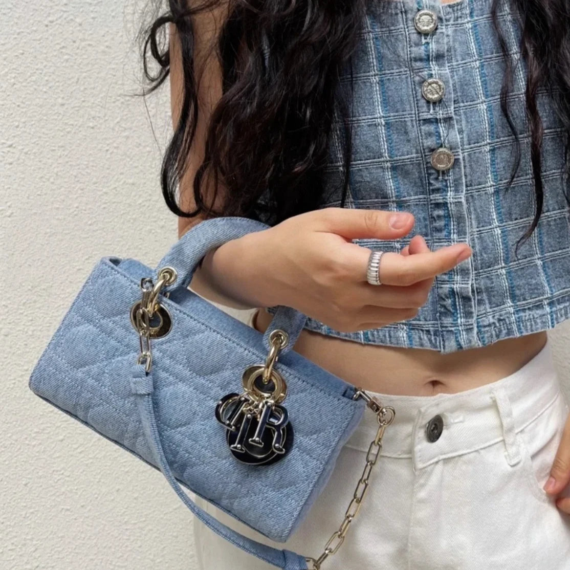 Excellent Christian Dior D-Joy PM Denim Blue Handbag Crossbody Gold Hardware