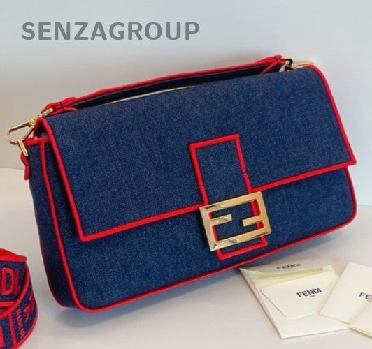 Fendi  Baguette GM Top Handle Bag Crossbody Blue Gold Women Classic Fashion