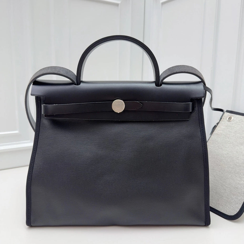 Hermes Herbag31 Canvas Top Handle Bag Crossbody Black Silver Women Classic