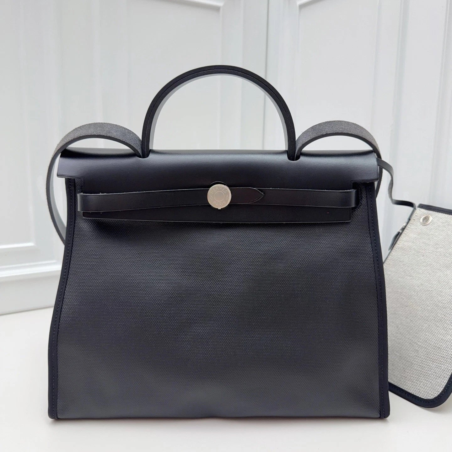 Hermes Herbag31 Canvas Top Handle Bag Crossbody Black Silver Women Classic