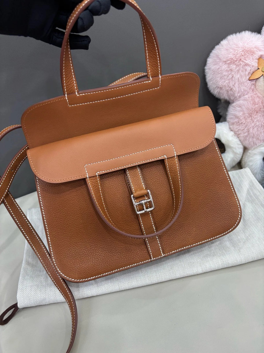 Hermes Halzan25 Top Handle Bag Crossbody Brown Silver Women Classic