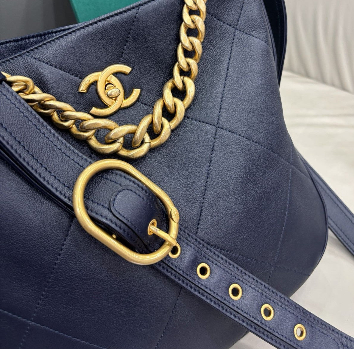 Chanel Calfskin Hobo Chain Shoulder Bag Crossbody Blue Gold Women Classic